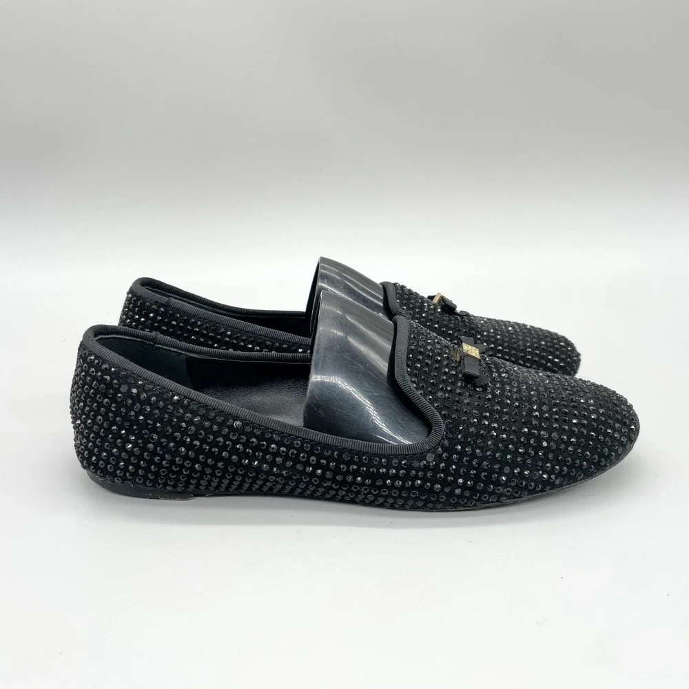 Tory Burch Womens 7M Chandra Black Crystal Suede Smoking Loafer Flat Preppy Glam